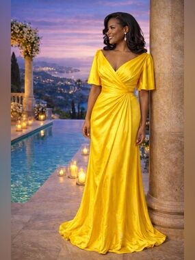 #15 Bright Golden Yellow Satin Flutter Sleeve Gown-Size 4/Small